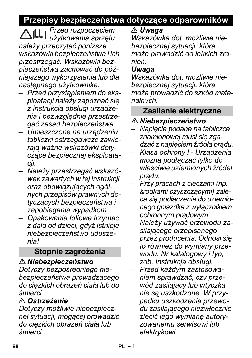 Polski, Przepisy bezpieczeństwa dotyczące odparowników, Stopnie zagrożenia | Zasilanie elektryczne | Karcher SGV 8-5 User Manual | Page 98 / 156