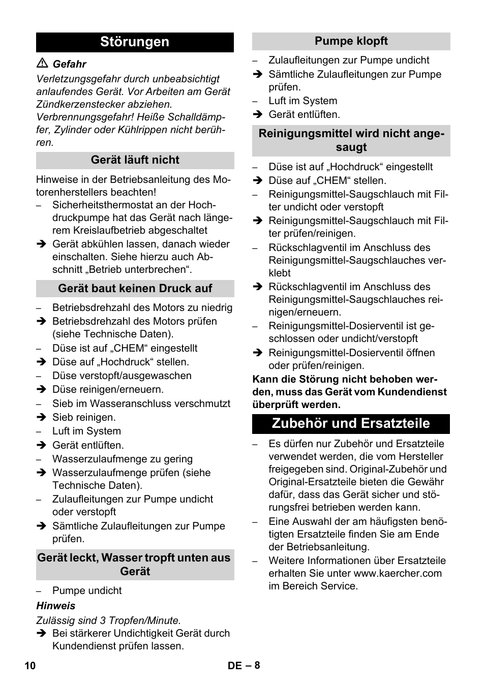 Störungen, Zubehör und ersatzteile | Karcher HD 1040 B Cage User Manual | Page 10 / 264