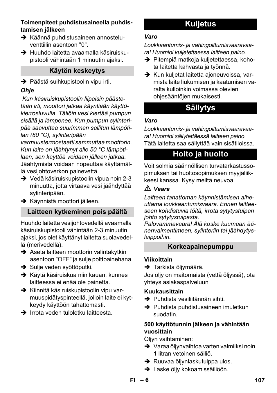 Kuljetus säilytys hoito ja huolto | Karcher HD 1040 B Cage User Manual | Page 107 / 264