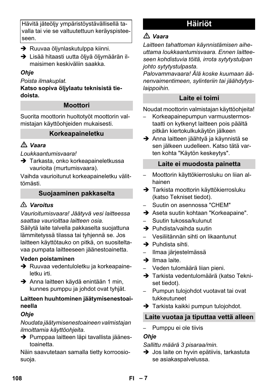 Häiriöt | Karcher HD 1040 B Cage User Manual | Page 108 / 264