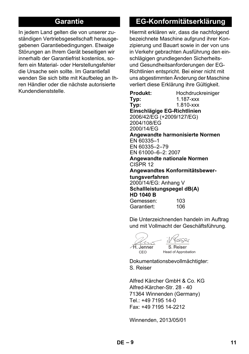 Garantie eg-konformitätserklärung | Karcher HD 1040 B Cage User Manual | Page 11 / 264