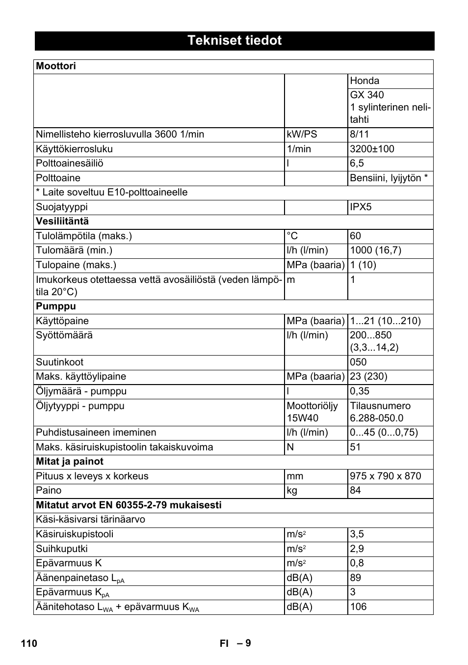 Tekniset tiedot | Karcher HD 1040 B Cage User Manual | Page 110 / 264