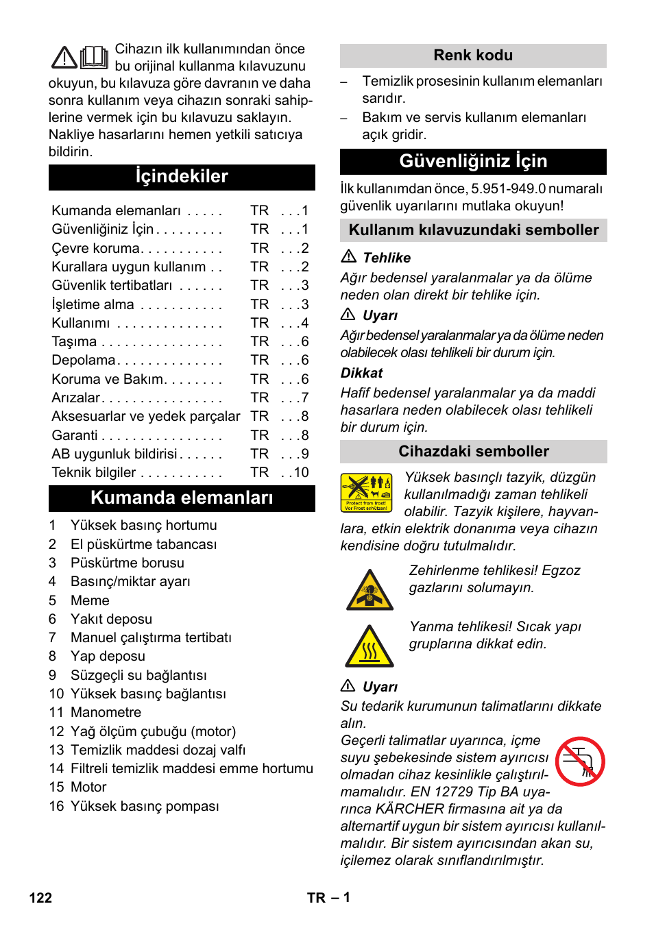 Türkçe, Içindekiler, Kumanda elemanları | Güvenliğiniz için | Karcher HD 1040 B Cage User Manual | Page 122 / 264