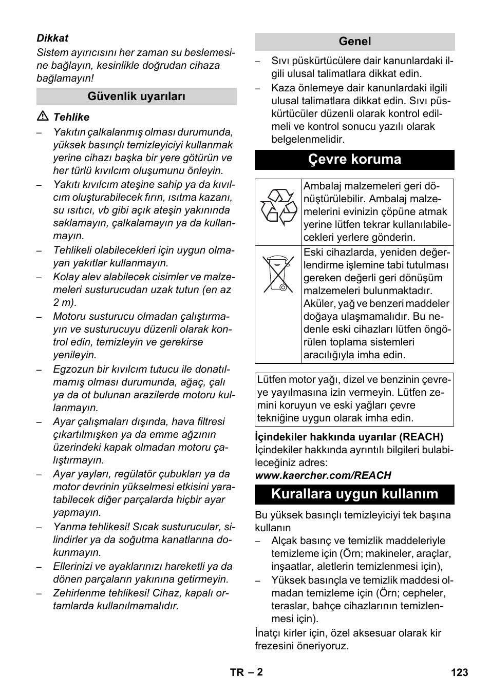 Çevre koruma, Kurallara uygun kullanım | Karcher HD 1040 B Cage User Manual | Page 123 / 264