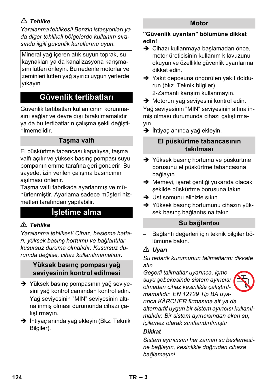 Güvenlik tertibatları, Işletime alma | Karcher HD 1040 B Cage User Manual | Page 124 / 264