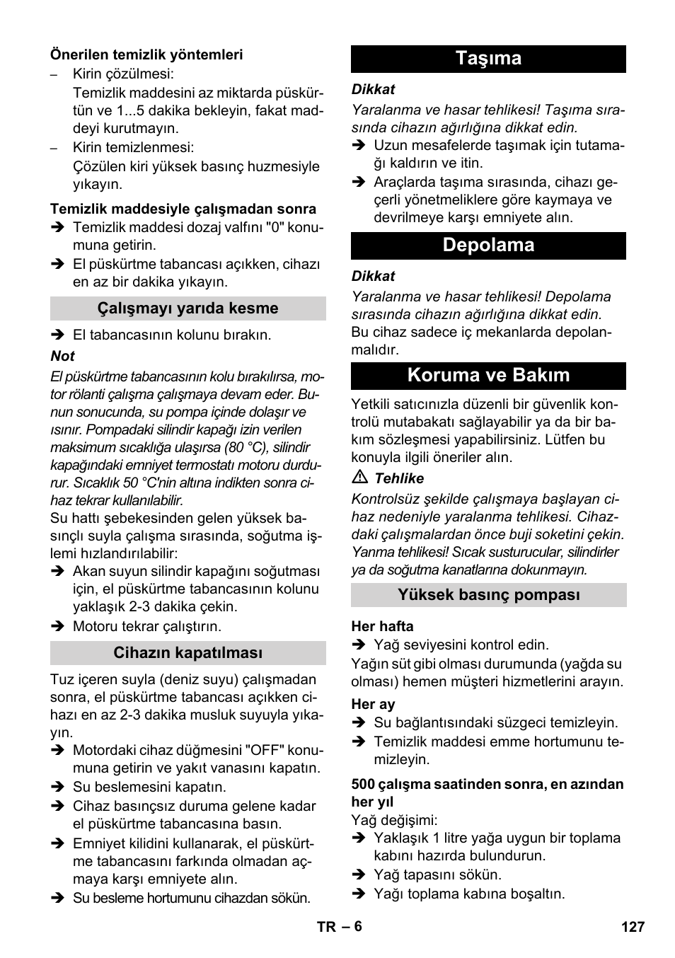 Taşıma depolama koruma ve bakım | Karcher HD 1040 B Cage User Manual | Page 127 / 264