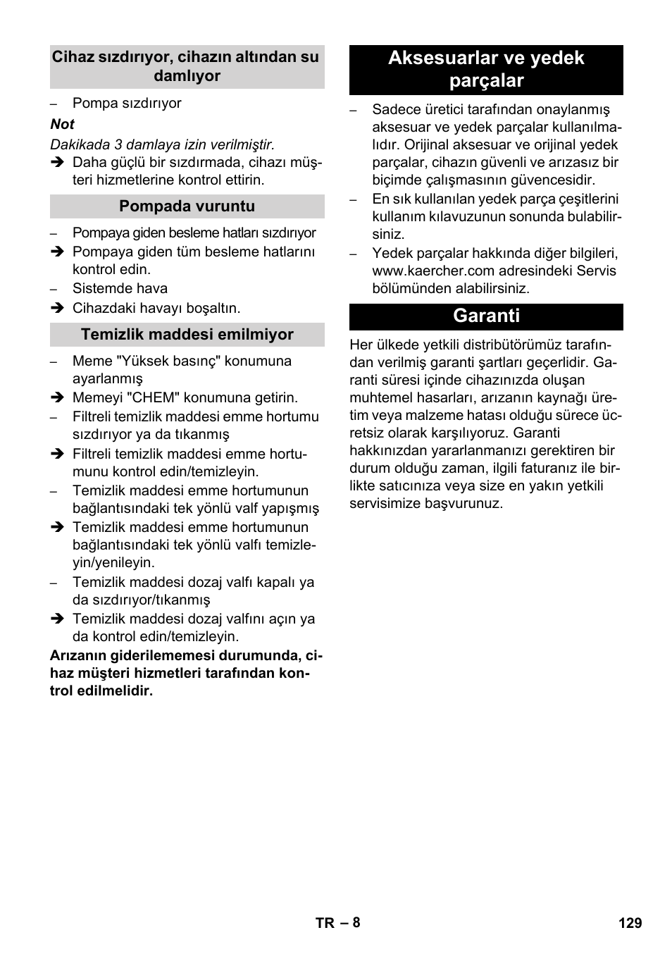 Aksesuarlar ve yedek parçalar garanti | Karcher HD 1040 B Cage User Manual | Page 129 / 264