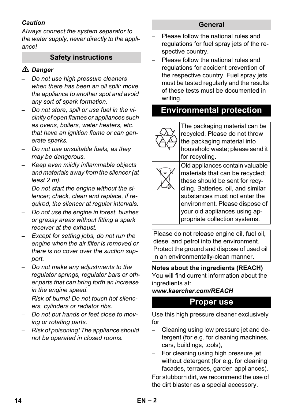 Environmental protection, Proper use | Karcher HD 1040 B Cage User Manual | Page 14 / 264