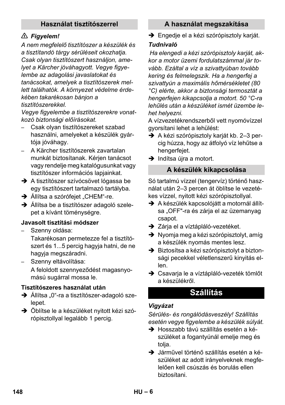 Szállítás | Karcher HD 1040 B Cage User Manual | Page 148 / 264