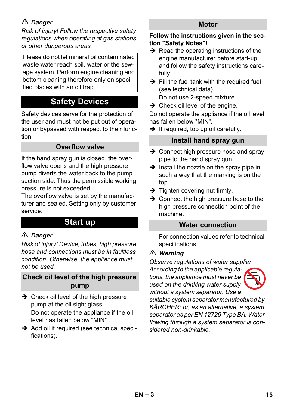 Safety devices, Start up | Karcher HD 1040 B Cage User Manual | Page 15 / 264