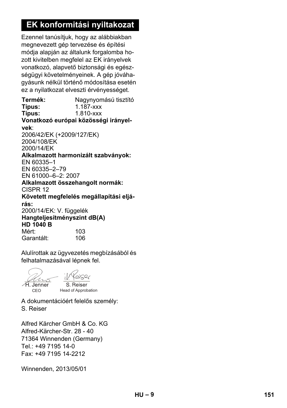 Ek konformitási nyiltakozat | Karcher HD 1040 B Cage User Manual | Page 151 / 264