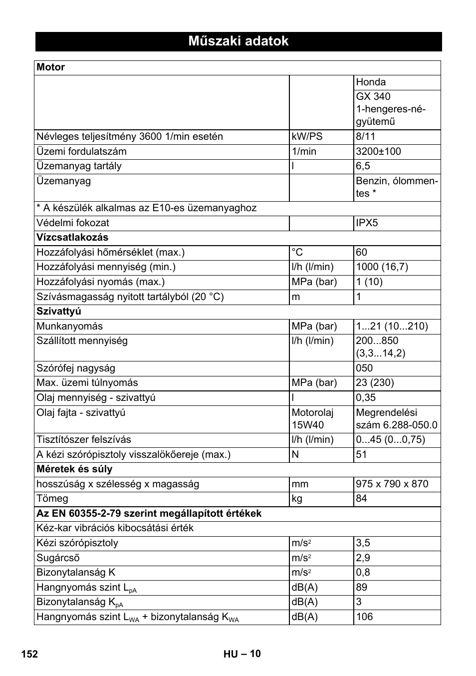 Műszaki adatok | Karcher HD 1040 B Cage User Manual | Page 152 / 264