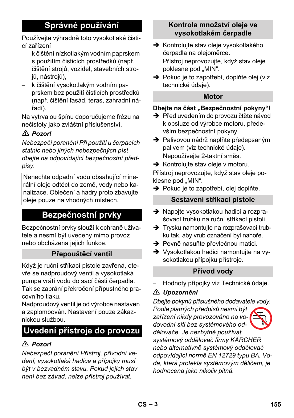 Správné používání, Bezpečnostní prvky, Uvedení přístroje do provozu | Karcher HD 1040 B Cage User Manual | Page 155 / 264