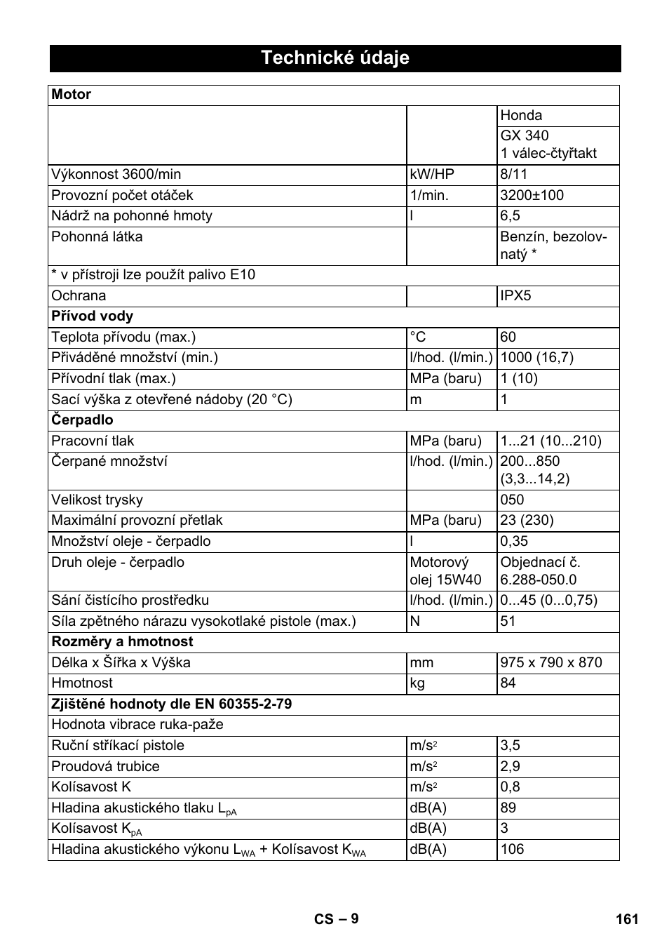 Technické údaje | Karcher HD 1040 B Cage User Manual | Page 161 / 264