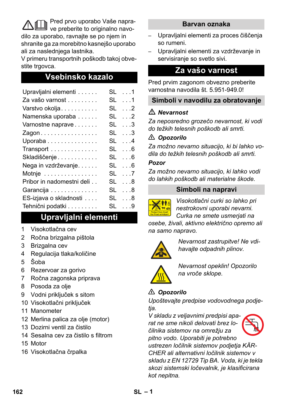 Slovenščina, Vsebinsko kazalo, Upravljalni elementi | Za vašo varnost | Karcher HD 1040 B Cage User Manual | Page 162 / 264