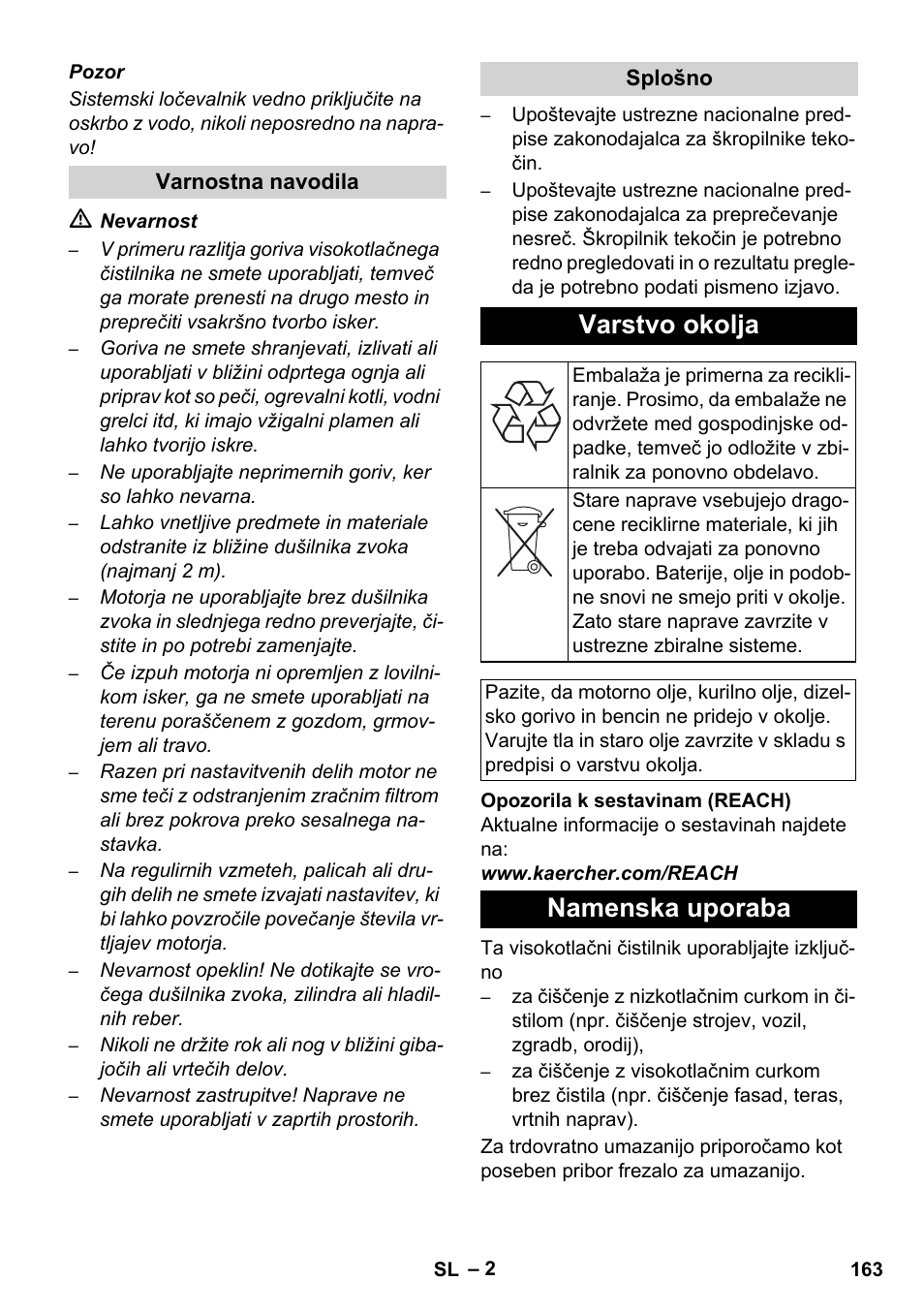 Varstvo okolja, Namenska uporaba | Karcher HD 1040 B Cage User Manual | Page 163 / 264