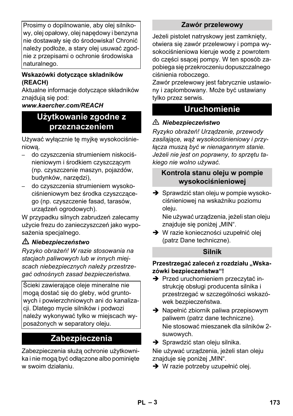 Użytkowanie zgodne z przeznaczeniem, Zabezpieczenia, Uruchomienie | Karcher HD 1040 B Cage User Manual | Page 173 / 264