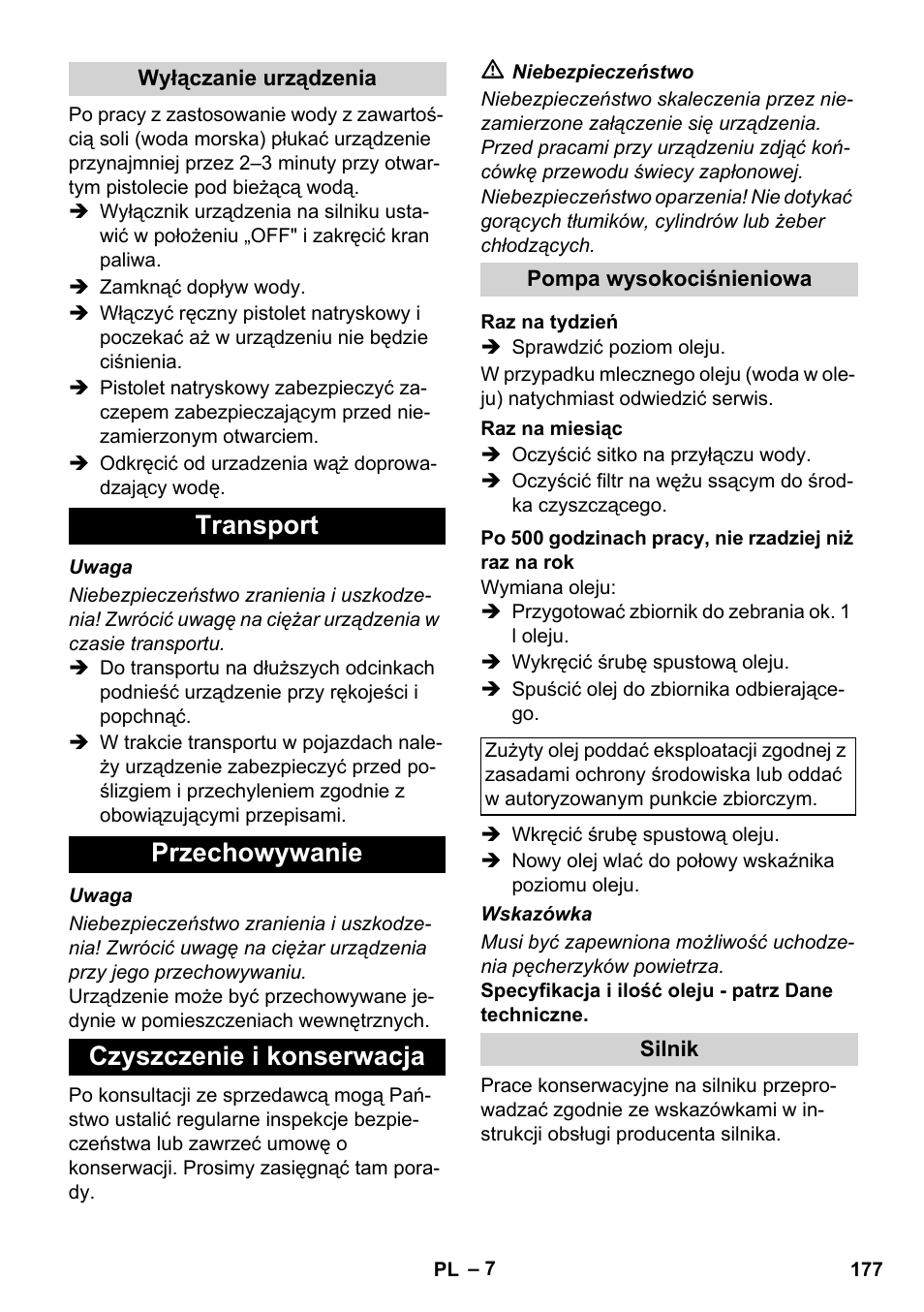 Transport przechowywanie czyszczenie i konserwacja | Karcher HD 1040 B Cage User Manual | Page 177 / 264