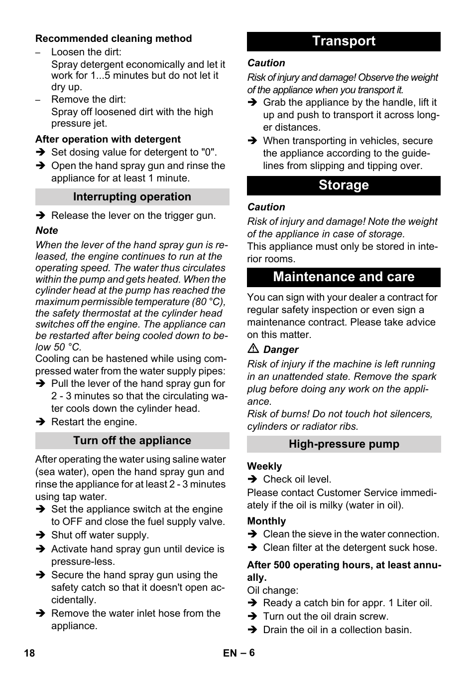 Transport storage maintenance and care | Karcher HD 1040 B Cage User Manual | Page 18 / 264