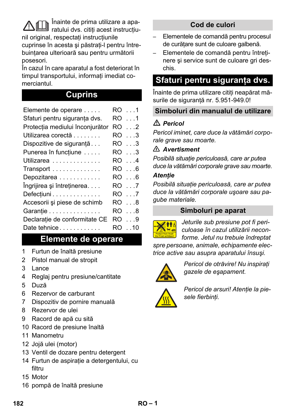 Româneşte, Cuprins, Elemente de operare | Sfaturi pentru siguranţa dvs | Karcher HD 1040 B Cage User Manual | Page 182 / 264