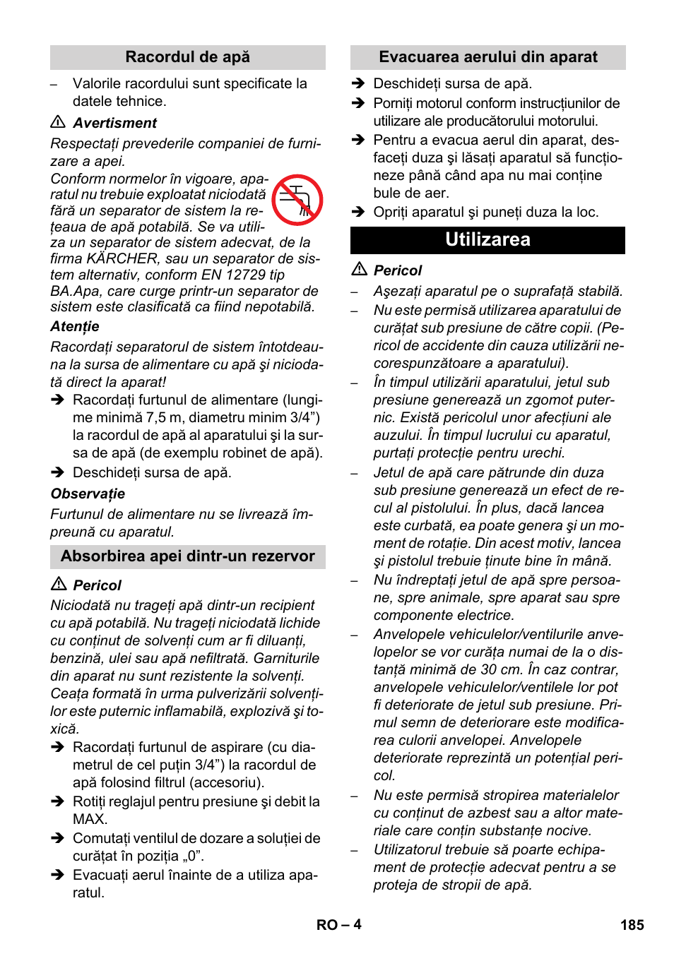 Utilizarea | Karcher HD 1040 B Cage User Manual | Page 185 / 264