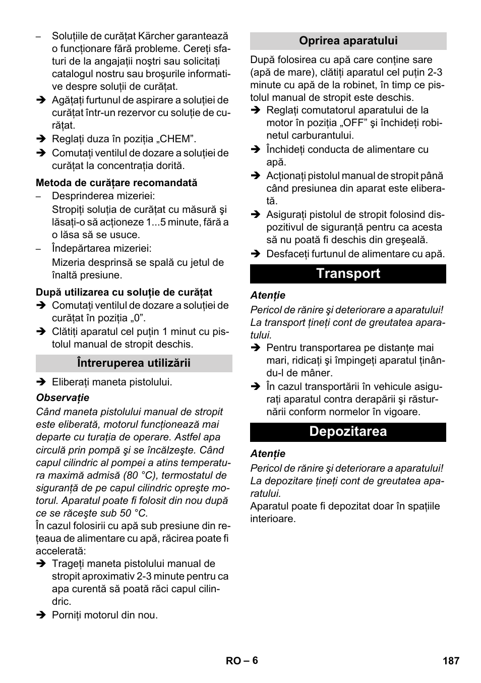 Transport depozitarea | Karcher HD 1040 B Cage User Manual | Page 187 / 264