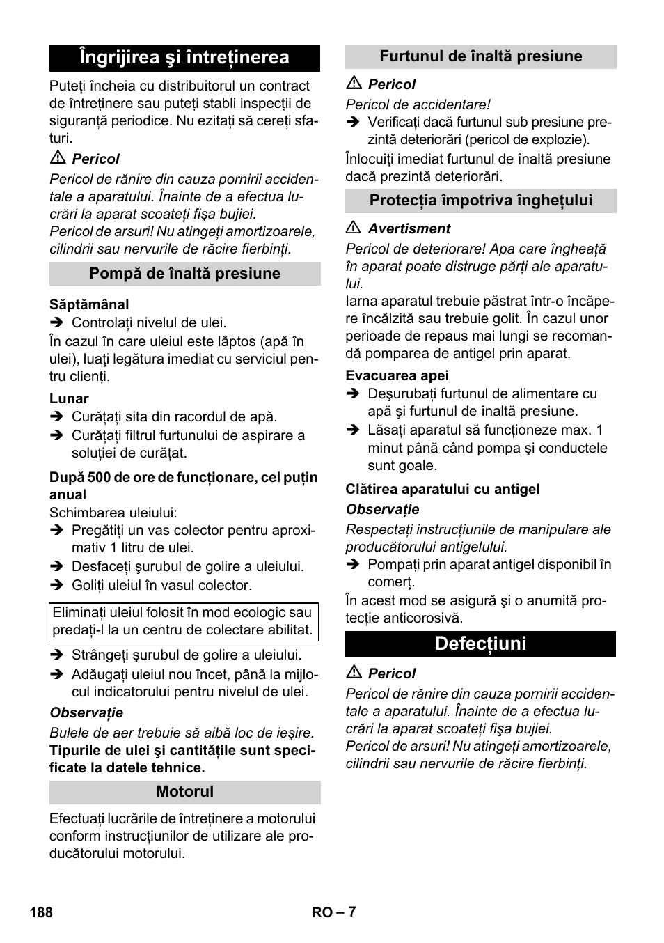 Îngrijirea şi întreţinerea, Defecţiuni | Karcher HD 1040 B Cage User Manual | Page 188 / 264