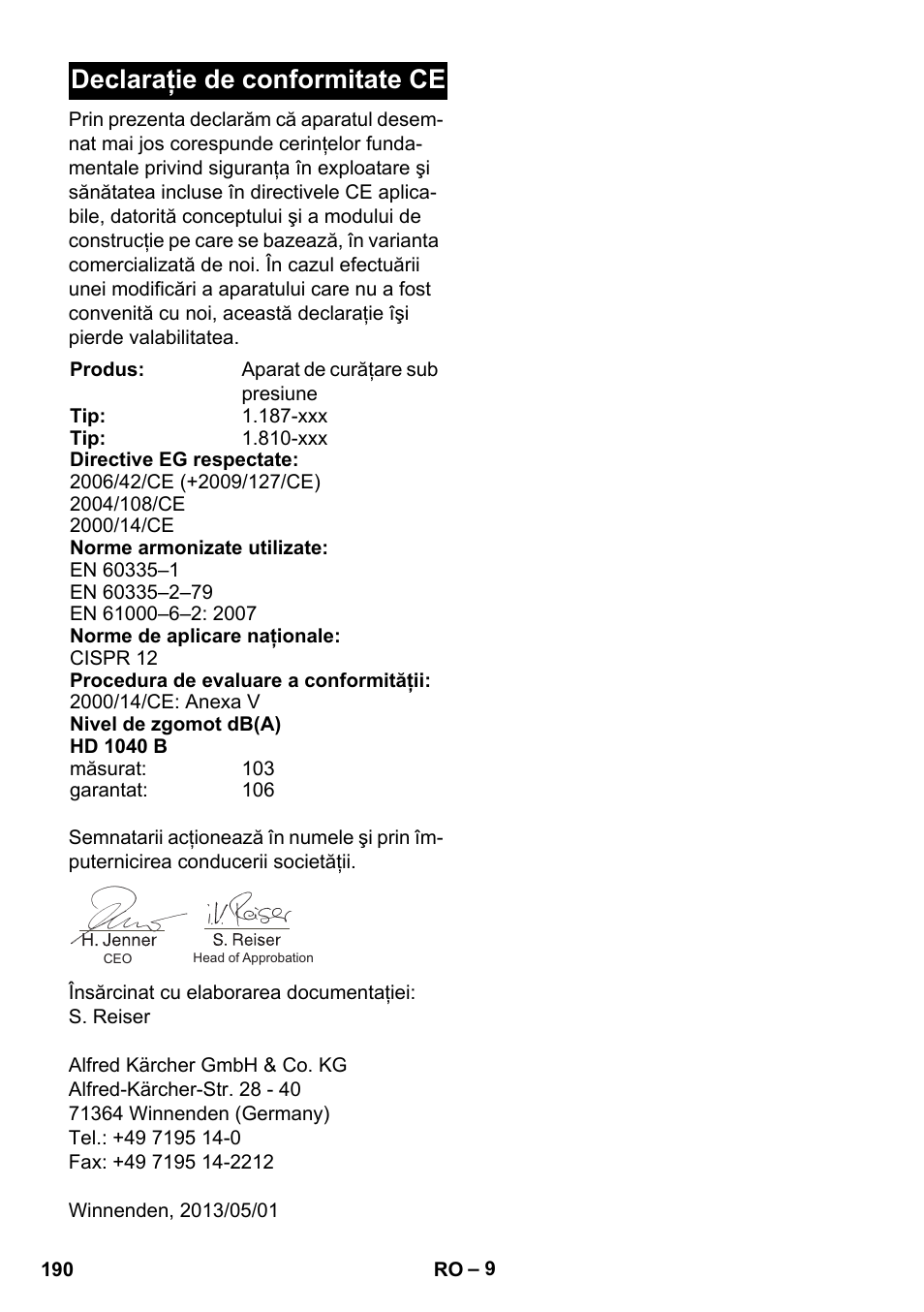 Declaraţie de conformitate ce | Karcher HD 1040 B Cage User Manual | Page 190 / 264