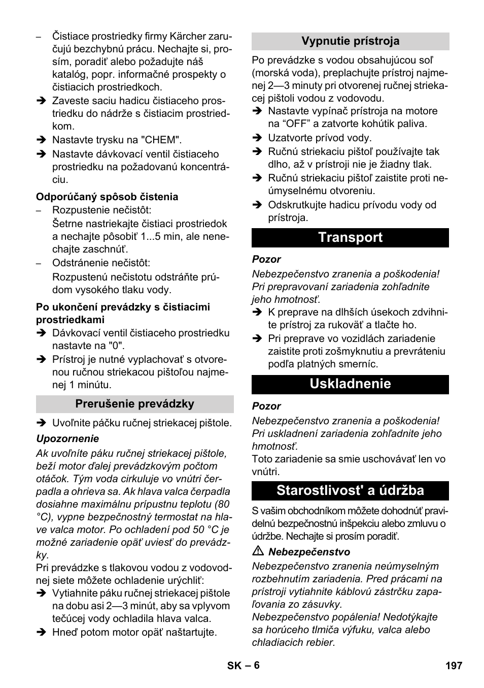 Transport uskladnenie starostlivost' a údržba | Karcher HD 1040 B Cage User Manual | Page 197 / 264