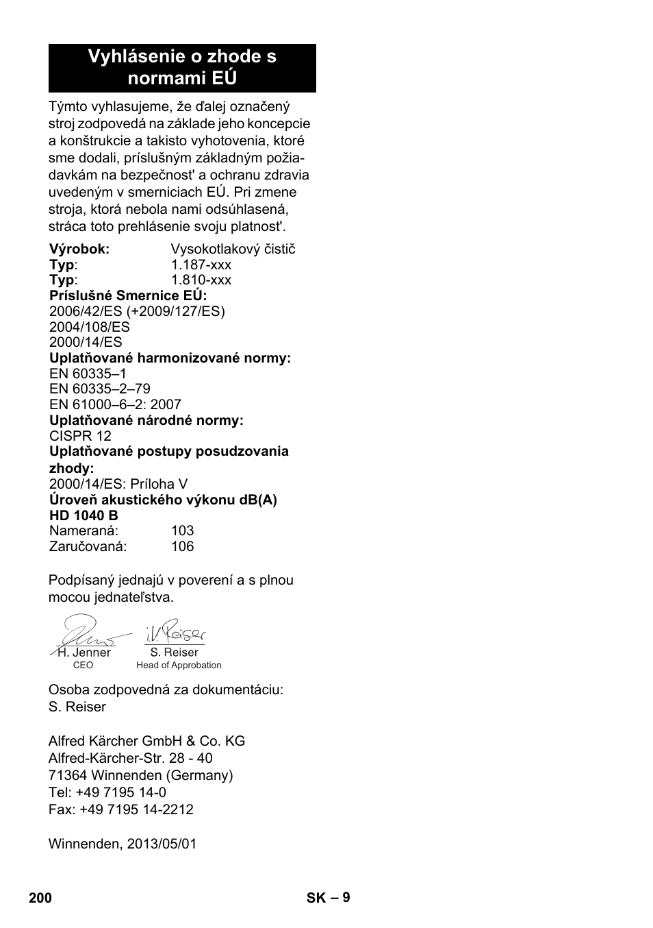 Vyhlásenie o zhode s normami eú | Karcher HD 1040 B Cage User Manual | Page 200 / 264