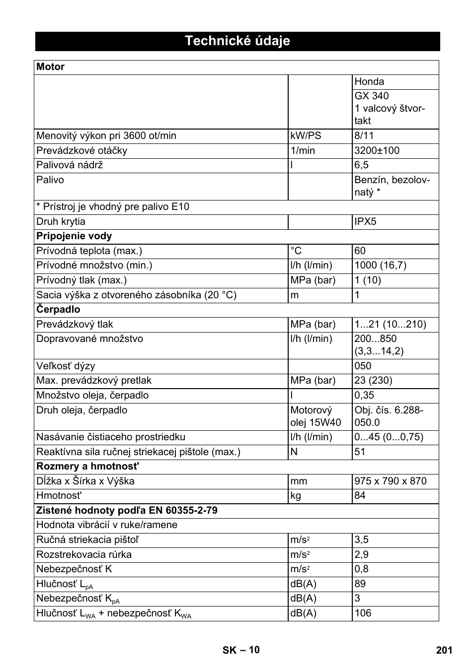 Technické údaje | Karcher HD 1040 B Cage User Manual | Page 201 / 264