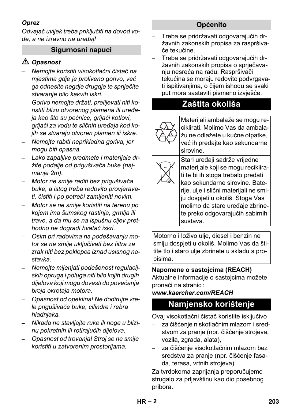 Zaštita okoliša, Namjensko korištenje | Karcher HD 1040 B Cage User Manual | Page 203 / 264