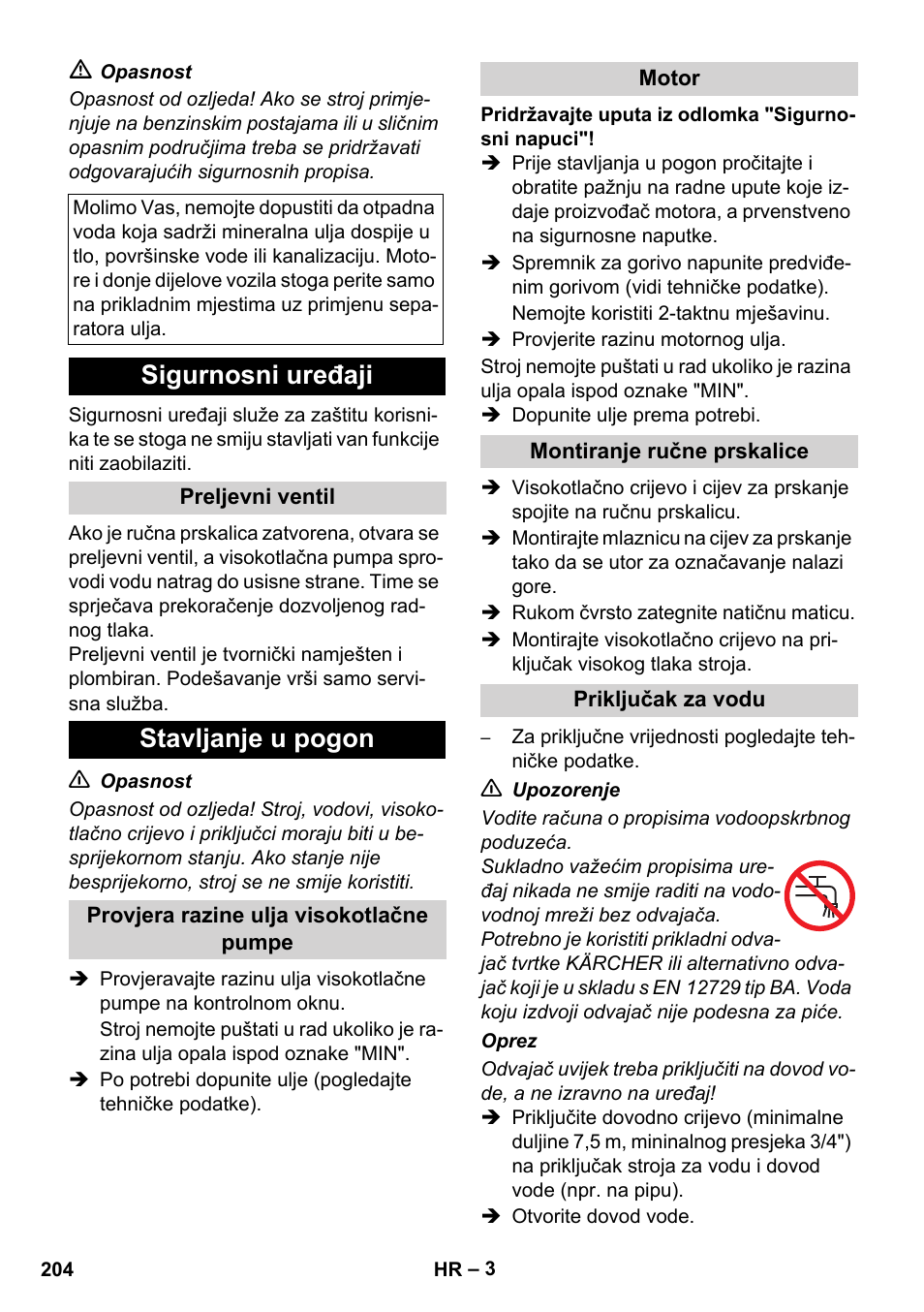 Sigurnosni uređaji, Stavljanje u pogon | Karcher HD 1040 B Cage User Manual | Page 204 / 264