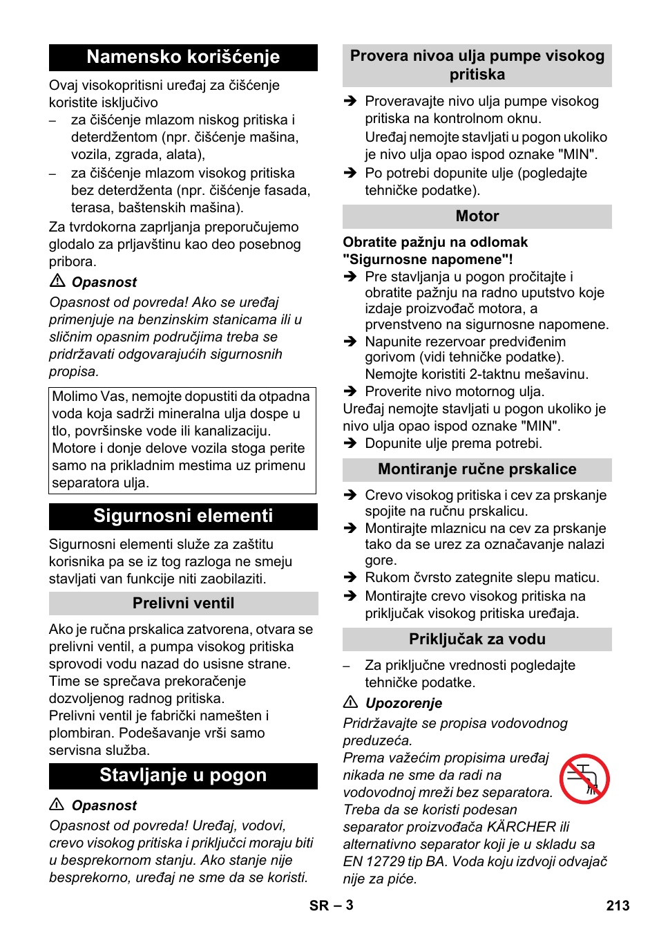 Namensko korišćenje, Sigurnosni elementi, Stavljanje u pogon | Karcher HD 1040 B Cage User Manual | Page 213 / 264