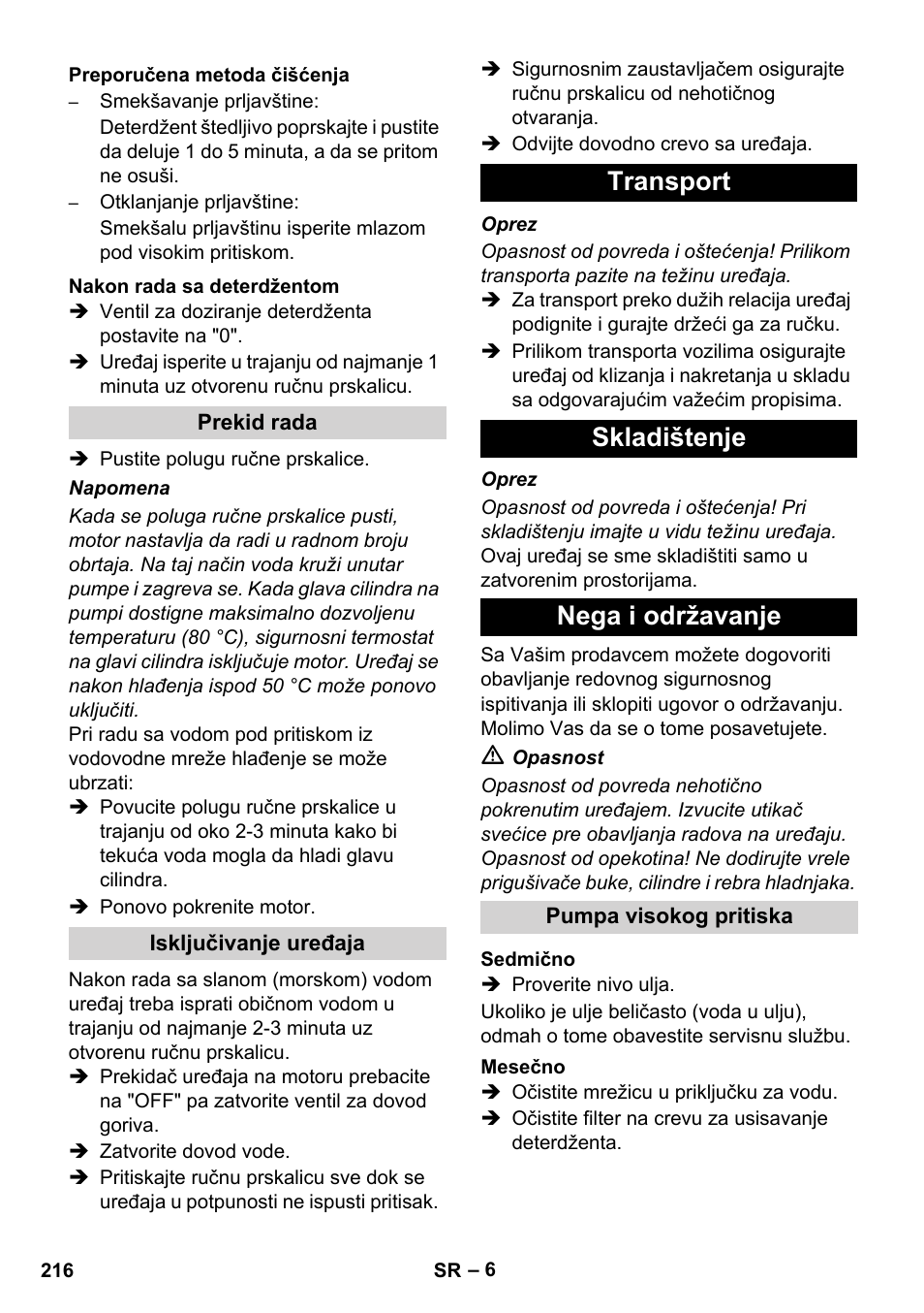 Transport skladištenje nega i održavanje | Karcher HD 1040 B Cage User Manual | Page 216 / 264