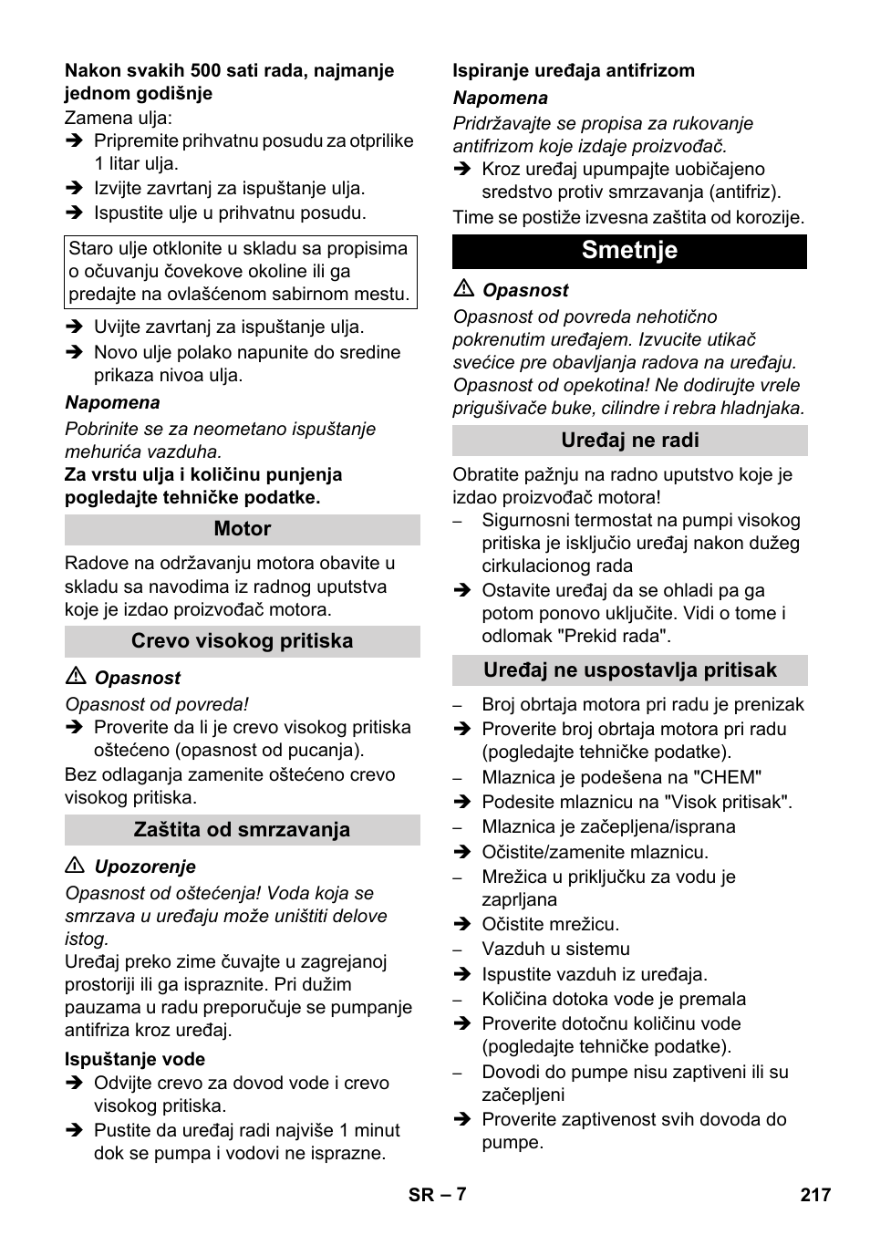 Smetnje | Karcher HD 1040 B Cage User Manual | Page 217 / 264