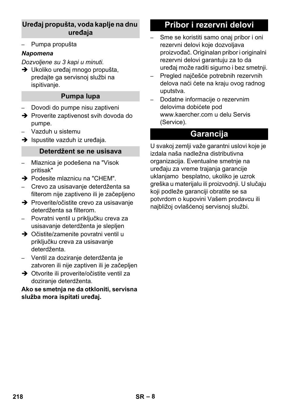 Pribor i rezervni delovi garancija | Karcher HD 1040 B Cage User Manual | Page 218 / 264