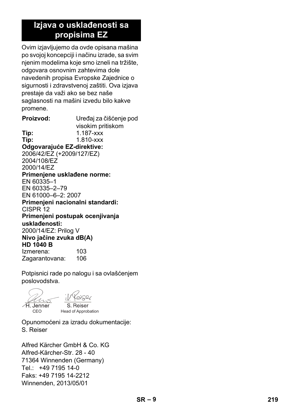 Izjava o usklađenosti sa propisima ez | Karcher HD 1040 B Cage User Manual | Page 219 / 264