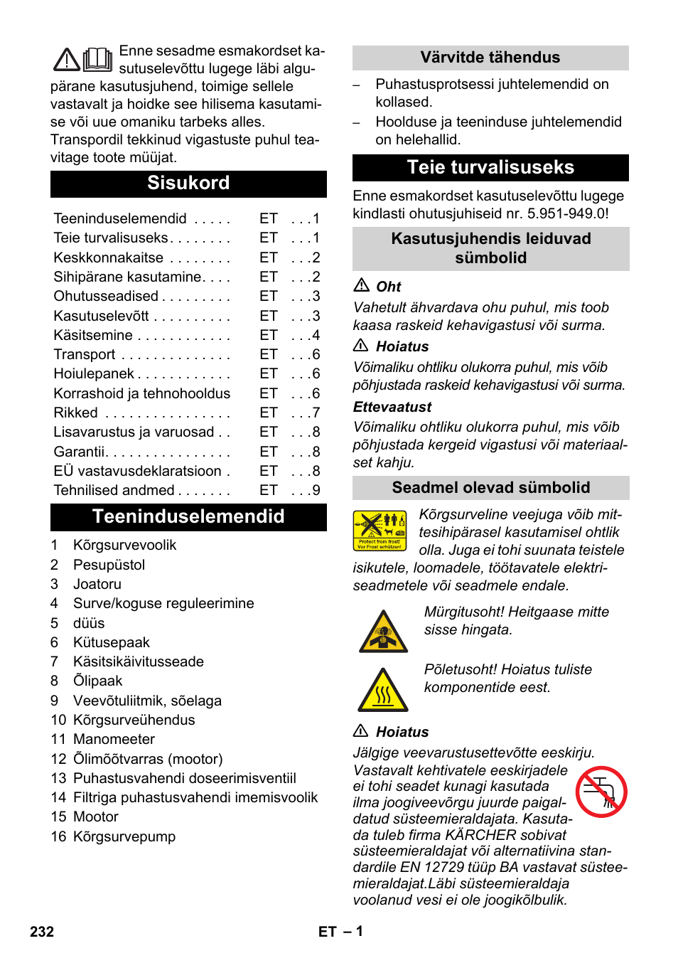 Eesti, Sisukord, Teeninduselemendid | Teie turvalisuseks | Karcher HD 1040 B Cage User Manual | Page 232 / 264