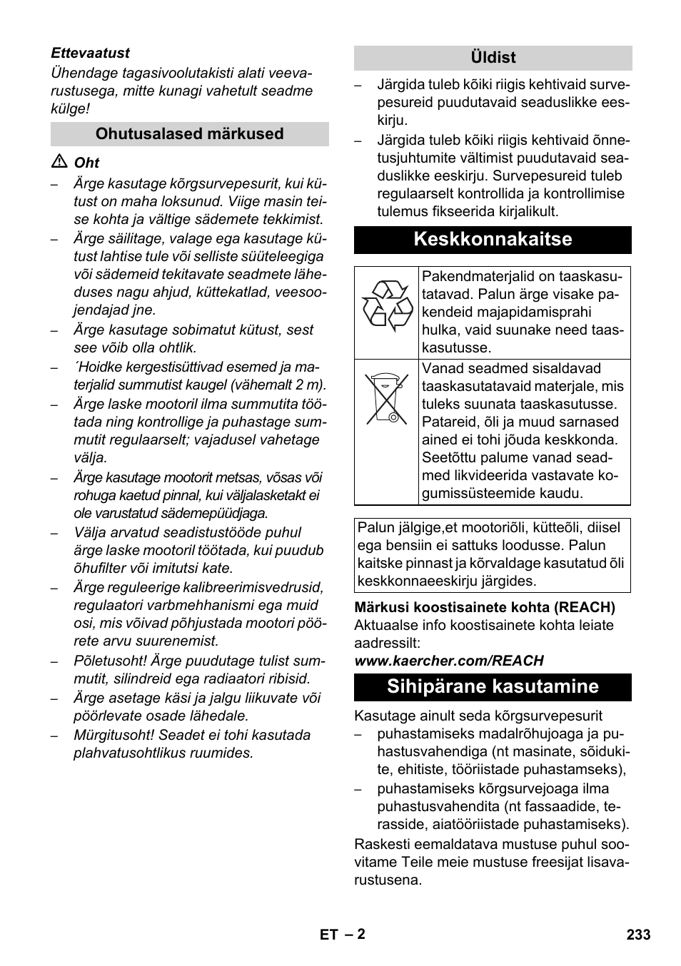 Keskkonnakaitse, Sihipärane kasutamine | Karcher HD 1040 B Cage User Manual | Page 233 / 264