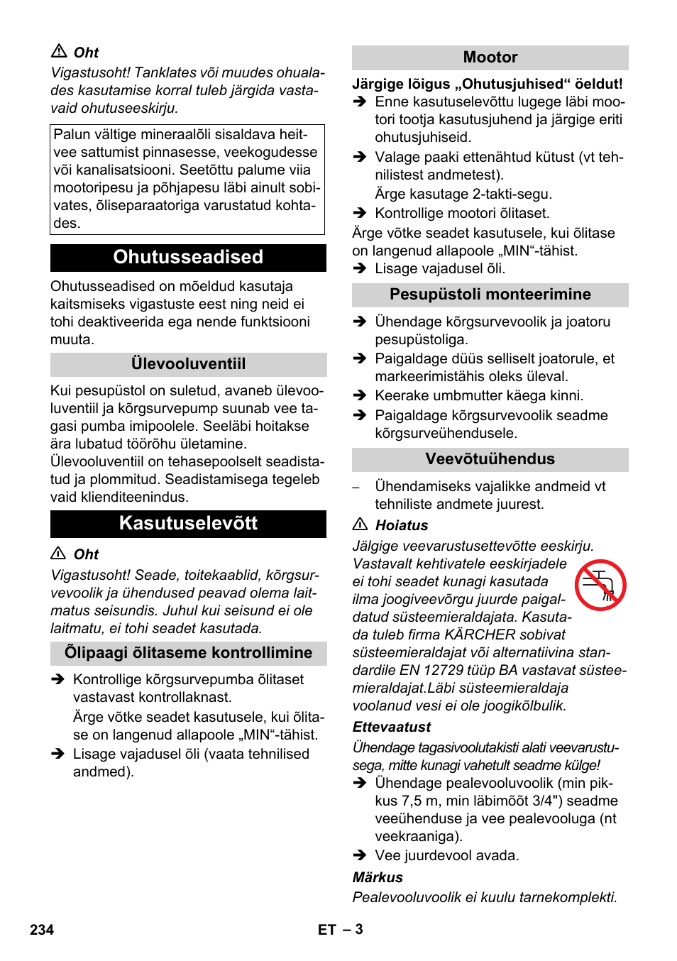 Ohutusseadised, Kasutuselevõtt | Karcher HD 1040 B Cage User Manual | Page 234 / 264