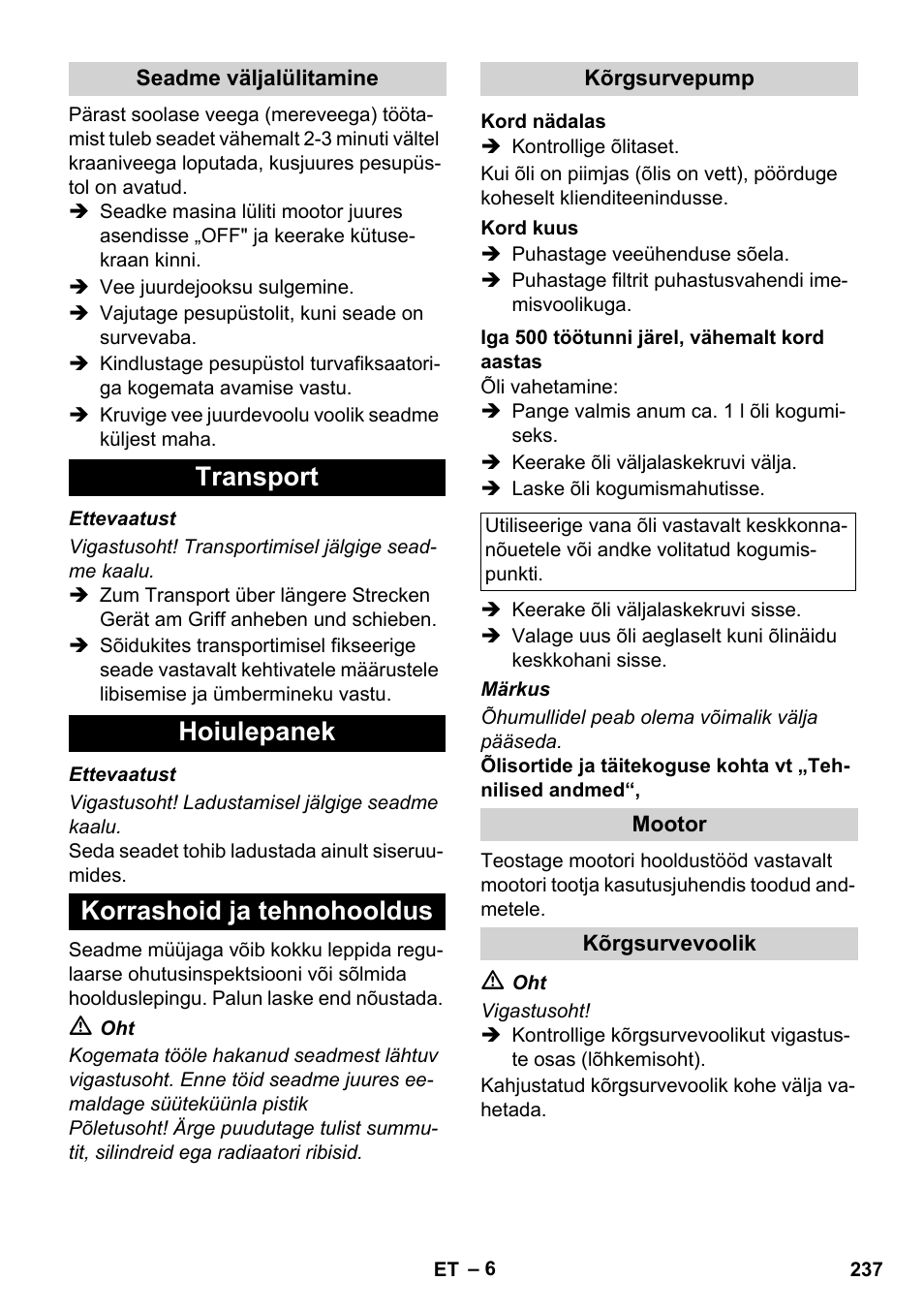 Transport hoiulepanek korrashoid ja tehnohooldus | Karcher HD 1040 B Cage User Manual | Page 237 / 264