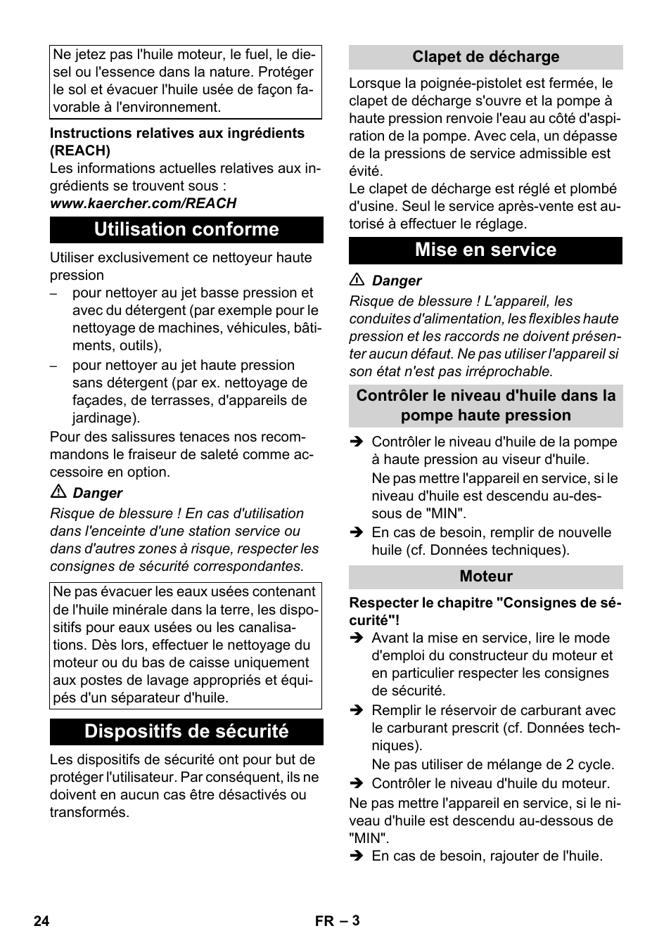 Utilisation conforme, Dispositifs de sécurité, Mise en service | Karcher HD 1040 B Cage User Manual | Page 24 / 264