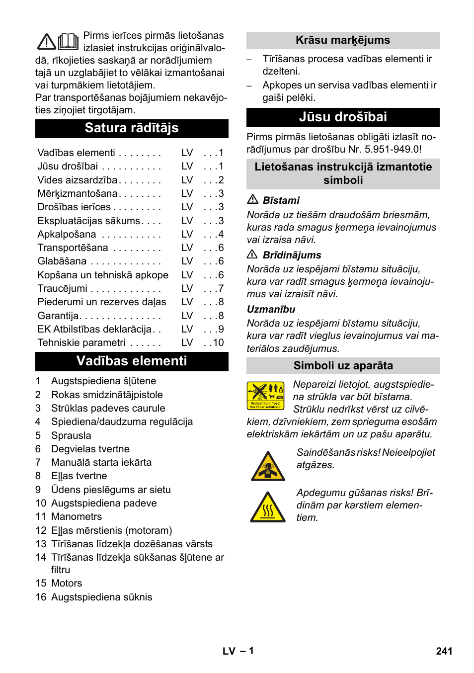 Latviešu, Satura rādītājs, Vadības elementi | Jūsu drošībai | Karcher HD 1040 B Cage User Manual | Page 241 / 264