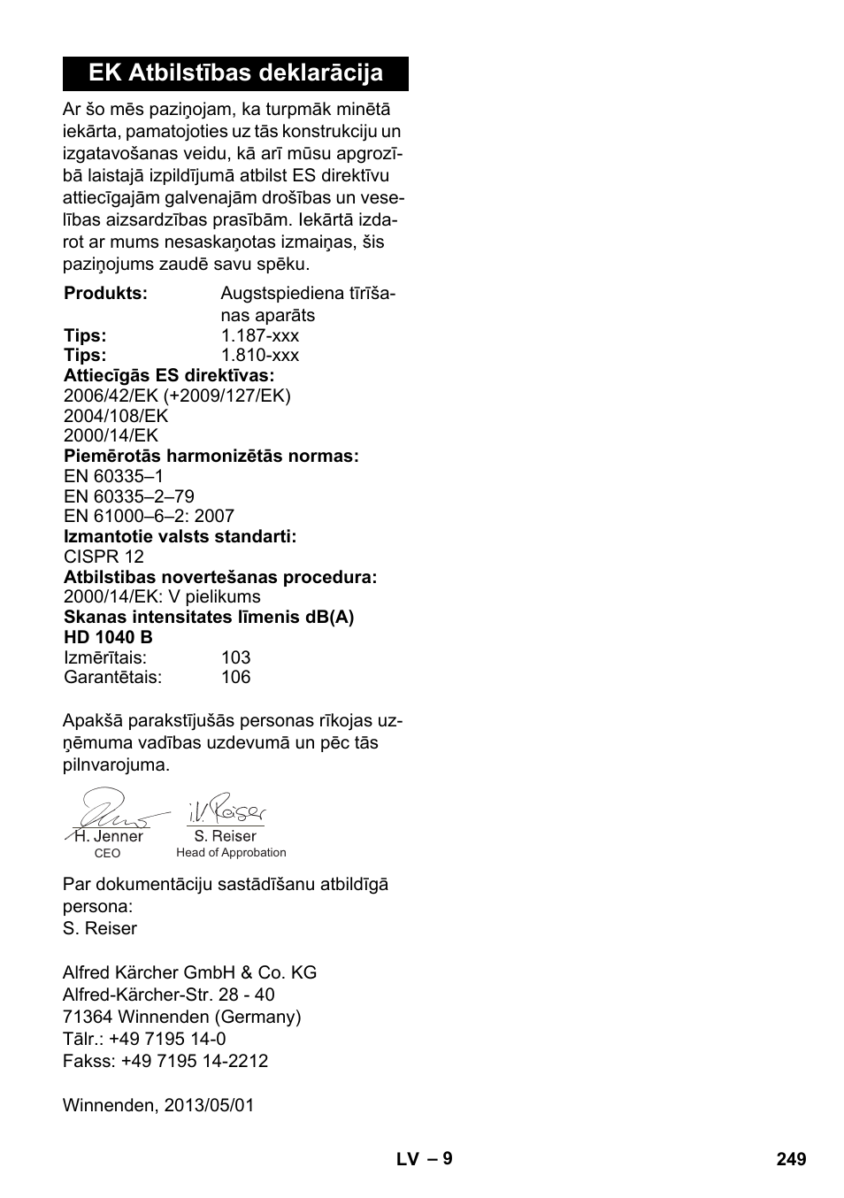 Ek atbilstības deklarācija | Karcher HD 1040 B Cage User Manual | Page 249 / 264