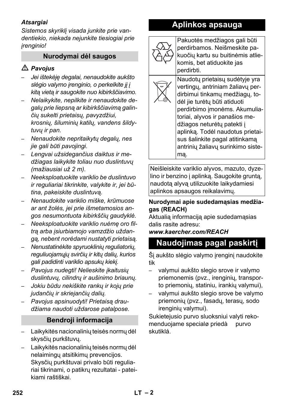 Aplinkos apsauga, Naudojimas pagal paskirtį | Karcher HD 1040 B Cage User Manual | Page 252 / 264