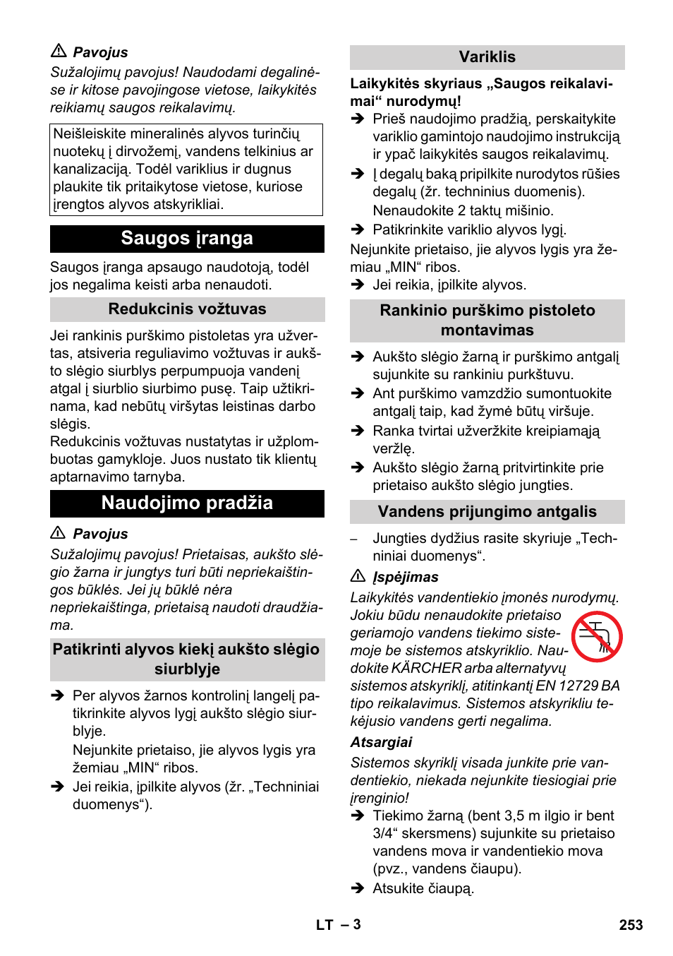 Saugos įranga, Naudojimo pradžia | Karcher HD 1040 B Cage User Manual | Page 253 / 264