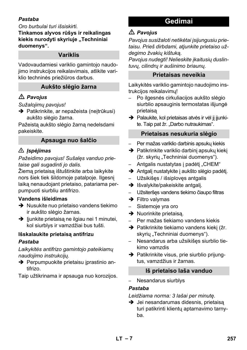 Gedimai | Karcher HD 1040 B Cage User Manual | Page 257 / 264