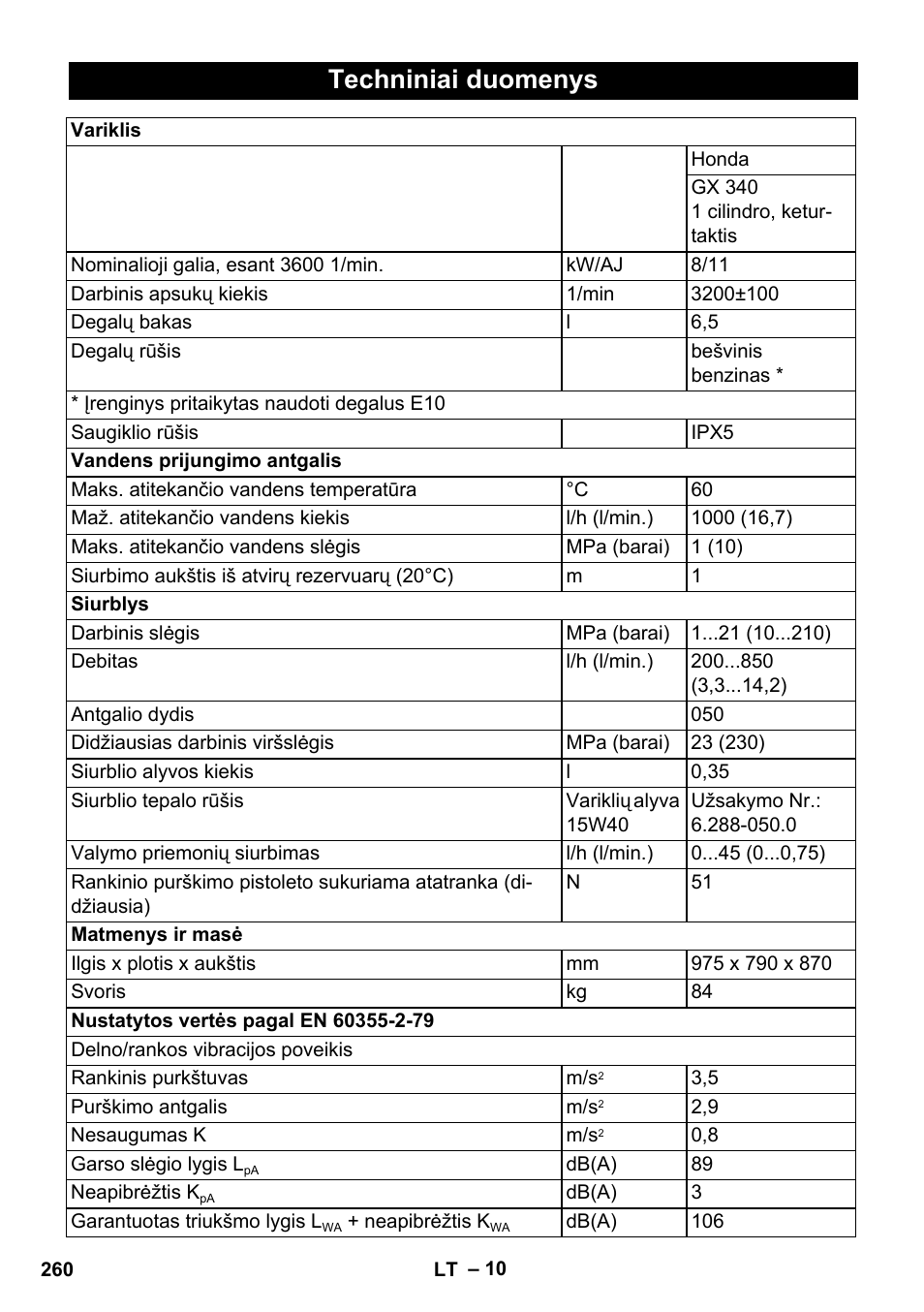 Techniniai duomenys | Karcher HD 1040 B Cage User Manual | Page 260 / 264