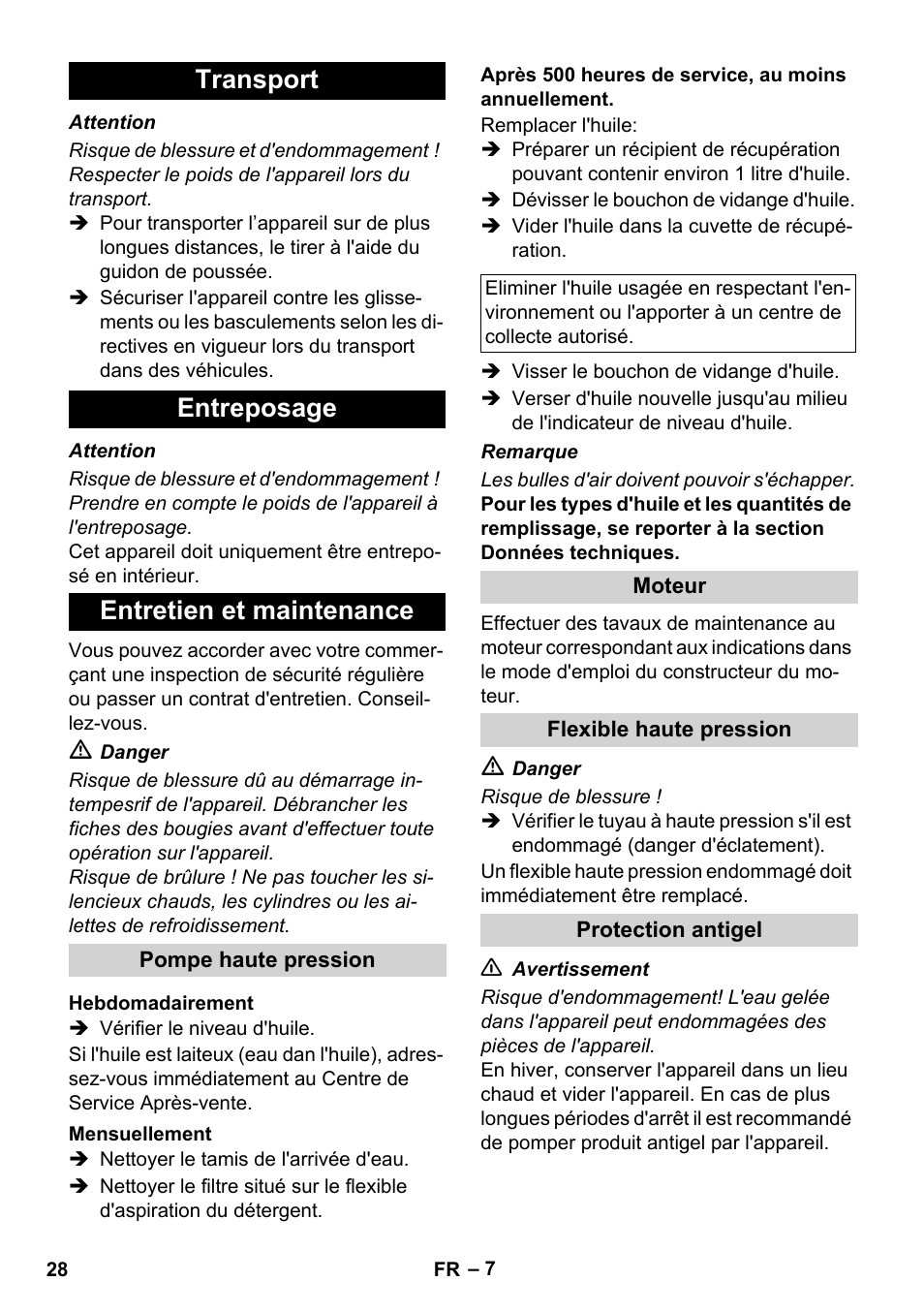 Transport entreposage entretien et maintenance | Karcher HD 1040 B Cage User Manual | Page 28 / 264